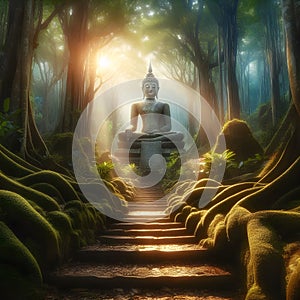 image of an ancient Buddha statue in a magical forest in the hidden temple.