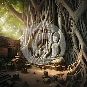 image of an ancient Buddha statue in a magical forest in the hidden temple.