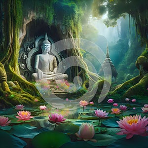 image of an ancient Buddha statue in a magical forest in the hidden temple.