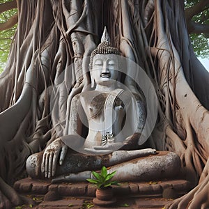 image of an ancient Buddha statue in a magical forest with a hidden temple.