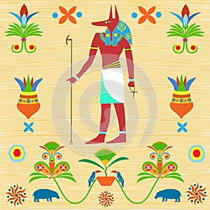 Image of the ancient Egyptian god Anubis in color paints with pa