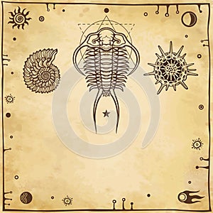 Image of ancient marine organisms: trilobit, mollusk, radiolaria.