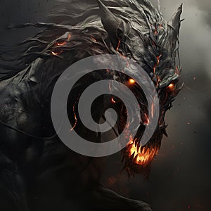 Image of angry demon horse terrifying and flames on dark background. Wildlife Animals. Illustration, Generative AI photo