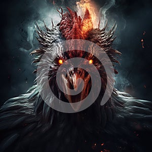 Image of an angry demon rooster terrifying with flames and smoke on dark background. Farm animals. Illustration, Generative AI