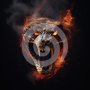 Image of angry snake face and flames on dark background. Reptile. Illustration, Generative AI
