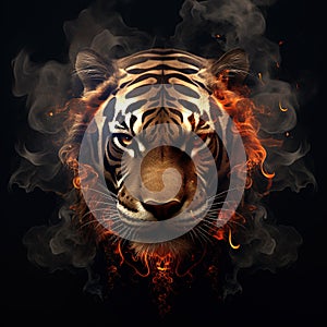 Image of an angry tiger face with fire smoke on black background. Wildlife Animals. Illustration, Generative AI