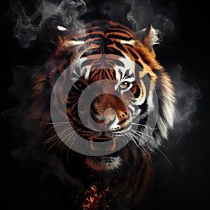 Image of an angry tiger face with fire smoke on black background. Wildlife Animals. Illustration, Generative AI