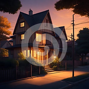 image of a anime art style of a cozy village nestled in the darkness, illuminated by the warm glow of a house in night.
