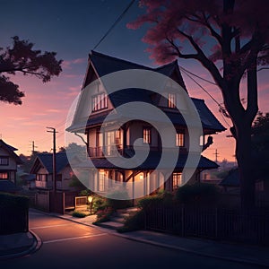 image of a anime art style of a cozy village nestled in the darkness, illuminated by the warm glow of a house in night.