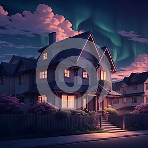 image of a anime art style of a cozy village nestled in the darkness, illuminated by the warm glow of a house in night.