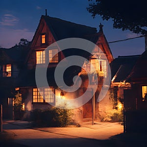 image of a anime art style of a cozy village nestled in the darkness, illuminated by the warm glow of a house in night.