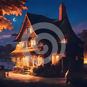 image of a anime art style of a cozy village nestled in the darkness, illuminated by the warm glow of a house in night.