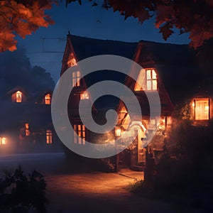 image of a anime art style of a cozy village nestled in the darkness, illuminated by the warm glow of a house in night.