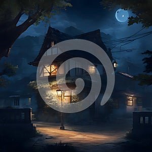 image of a anime art style of a cozy village nestled in the darkness, illuminated by the warm glow of a house in night.