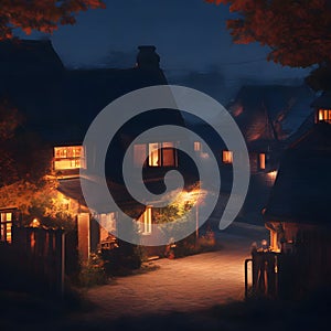 image of a anime art style of a cozy village nestled in the darkness, illuminated by the warm glow of a house in night.