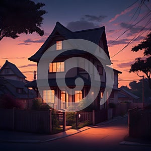 image of a anime art style of a cozy village nestled in the darkness, illuminated by the warm glow of a house in night.