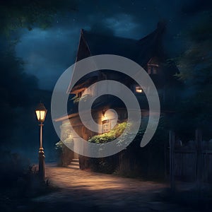 image of a anime art style of a cozy village nestled in the darkness, illuminated by the warm glow of a house in night.