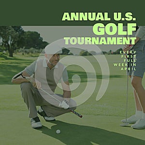Image of annual us golf tournament text over caucasian male and female golf players on golf course