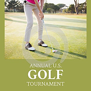 Image of annual us golf tournament text over caucasian male golf player on golf course