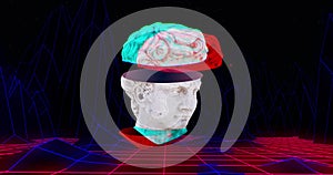 Image of antique head sculpture with grid metaverse background