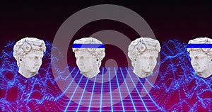 Image of antique head sculptures over metaverse background