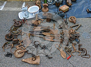 Image of antique iron and brass objects for livestock and agriculture