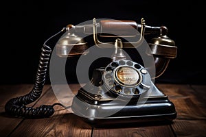 An image of an antique telephone placed on a rustic wooden table, Old-fashioned rotary phone on a rustic wooden table, AI