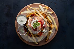 Image An appetizing serving of crispy fries with flavorful sauces