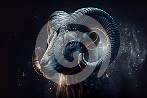 Image of aries sign with stars on black background. Zodiac signs, stars and horoscop concept digitally generated image. photo