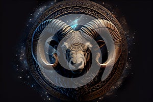 Image of aries sign with stars on black background. Zodiac signs, stars and horoscop concept digitally generated image. photo