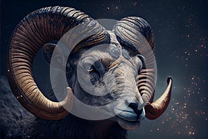 Image of aries sign with stars on black background. Zodiac signs, stars and horoscop concept digitally generated image. photo