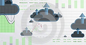 Image of arrows with clouds over financial data processing