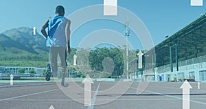 Image of arrows pointing up over disabled male athlete with running blades on running track