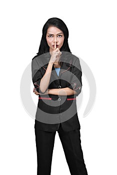 Image of asian business woman with silence gesture