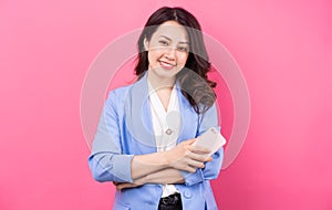 Image of asian businesswoman on pink bakcground