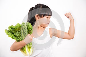 The image of an Asian girl holding Romaine lettuce large green salad for health and wellness for a white background photo