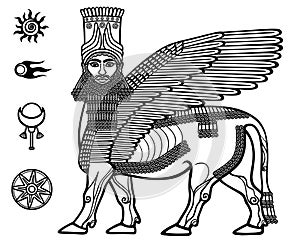Image of the Assyrian mythical deity Shedu: a winged bull with the head of the person. photo