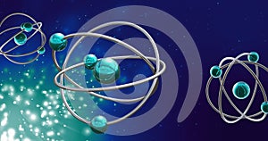 Image of atom models spinning on blue background