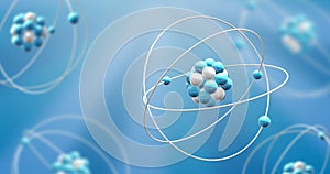 Image of atom models spinning on blue background