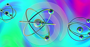 Image of atom models spinning over multicoloured vibrant background