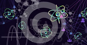 Image of atoms and scientific data processing over dark background