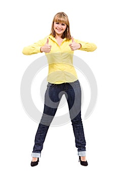 Image of attractive blonde woman showing thumbsup