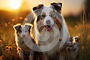 Image Australian Shepherd and puppies playing in meadow, sunset beauty