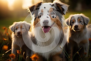 Image Australian Shepherd and puppies playing in meadow, sunset beauty