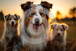 Image Australian Shepherd and puppies playing in meadow, sunset beauty