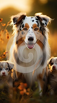 Image Australian Shepherd and puppies playing in meadow, sunset beauty