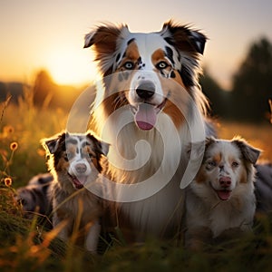 Image Australian Shepherd and puppies playing in meadow, sunset beauty