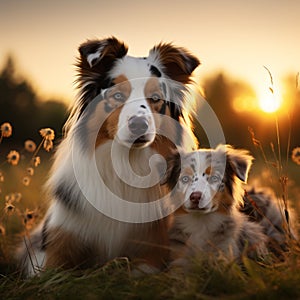 Image Australian Shepherd and puppies playing in meadow, sunset beauty