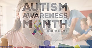 Image of autism awareness month text over diverse students