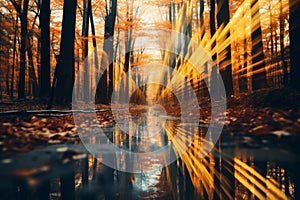 an image of an autumn forest with long streaks of light